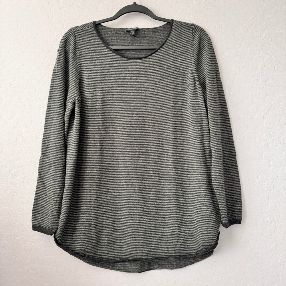 Eileen Fisher Large Sweater Gray Long Sleeve Striped 100% Merino Wool Scoop
